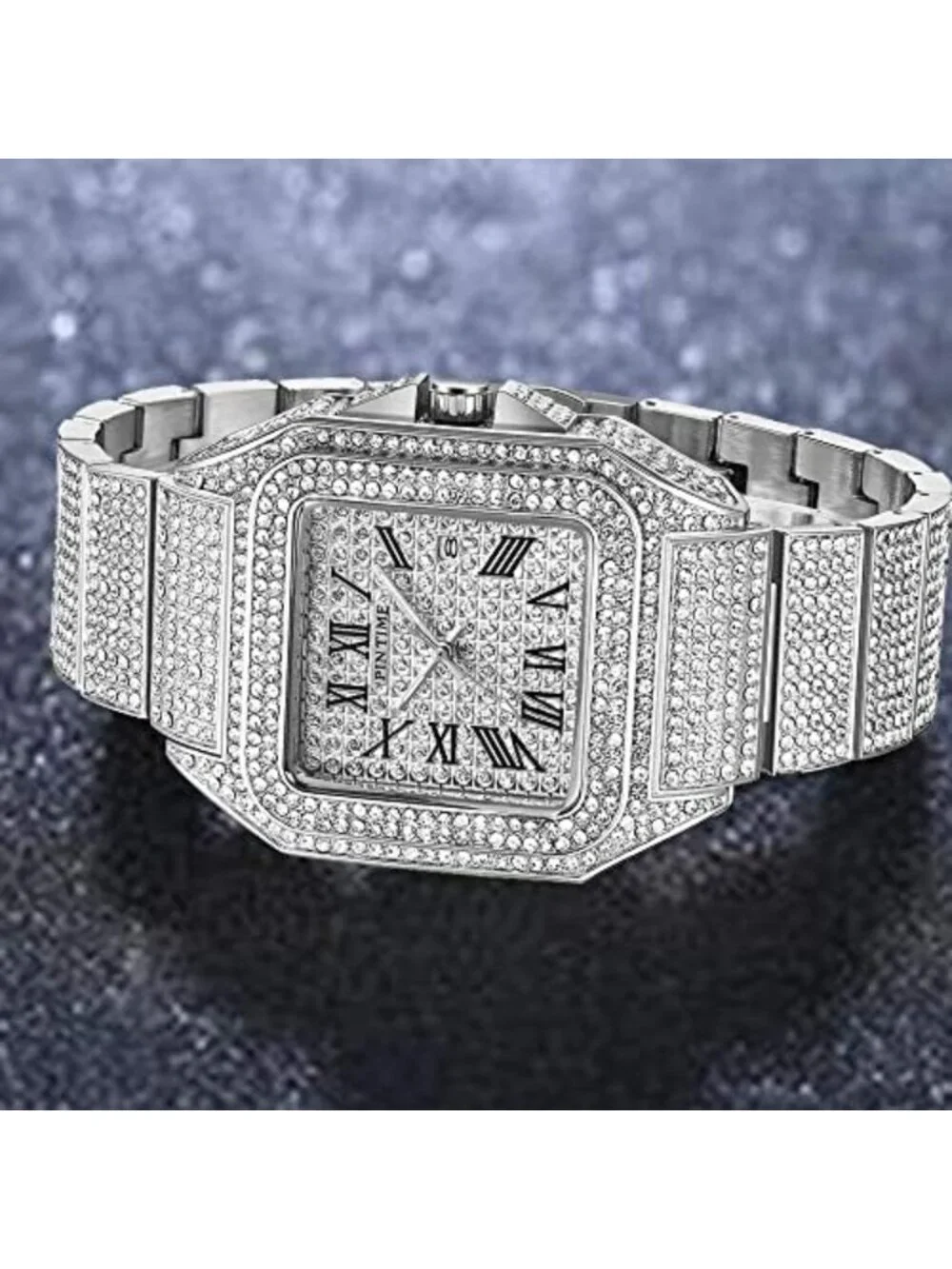 Stylish Hip Hop Men's Bling Crystal Watch - Rectangle Case, Stainless Steel
